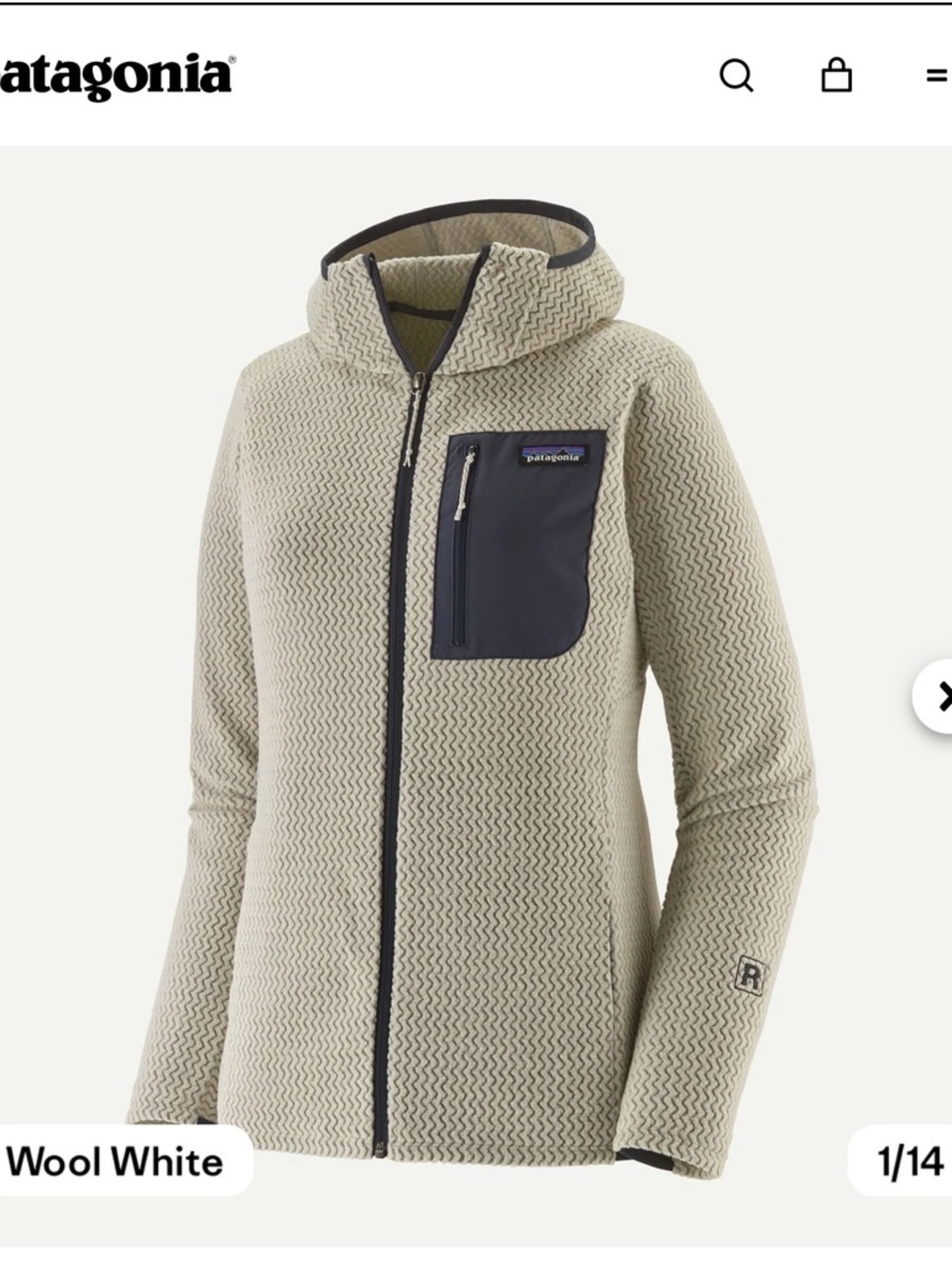 Patagonia Wool-White Hooded Teddy Fleece Jacket with Dark Chest Pocket